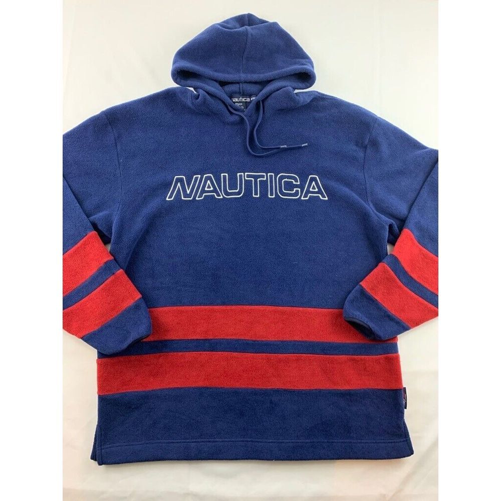 Vintage Nautica Fleece Hoodie Mens‎ XL Blue Red Drawstring Long Sleeve Y2K